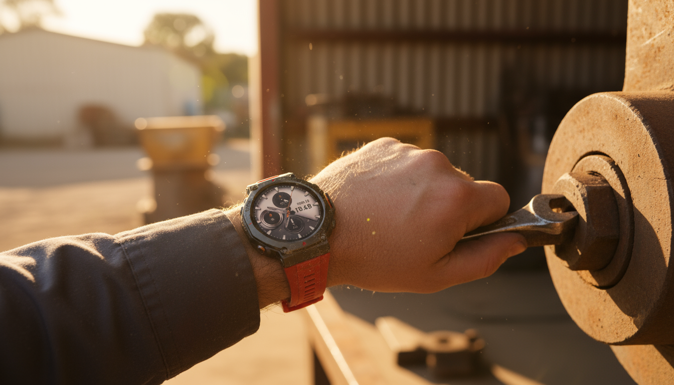 Close-up of Forge Genesis smartwatch showing heart rate and GPS tracking